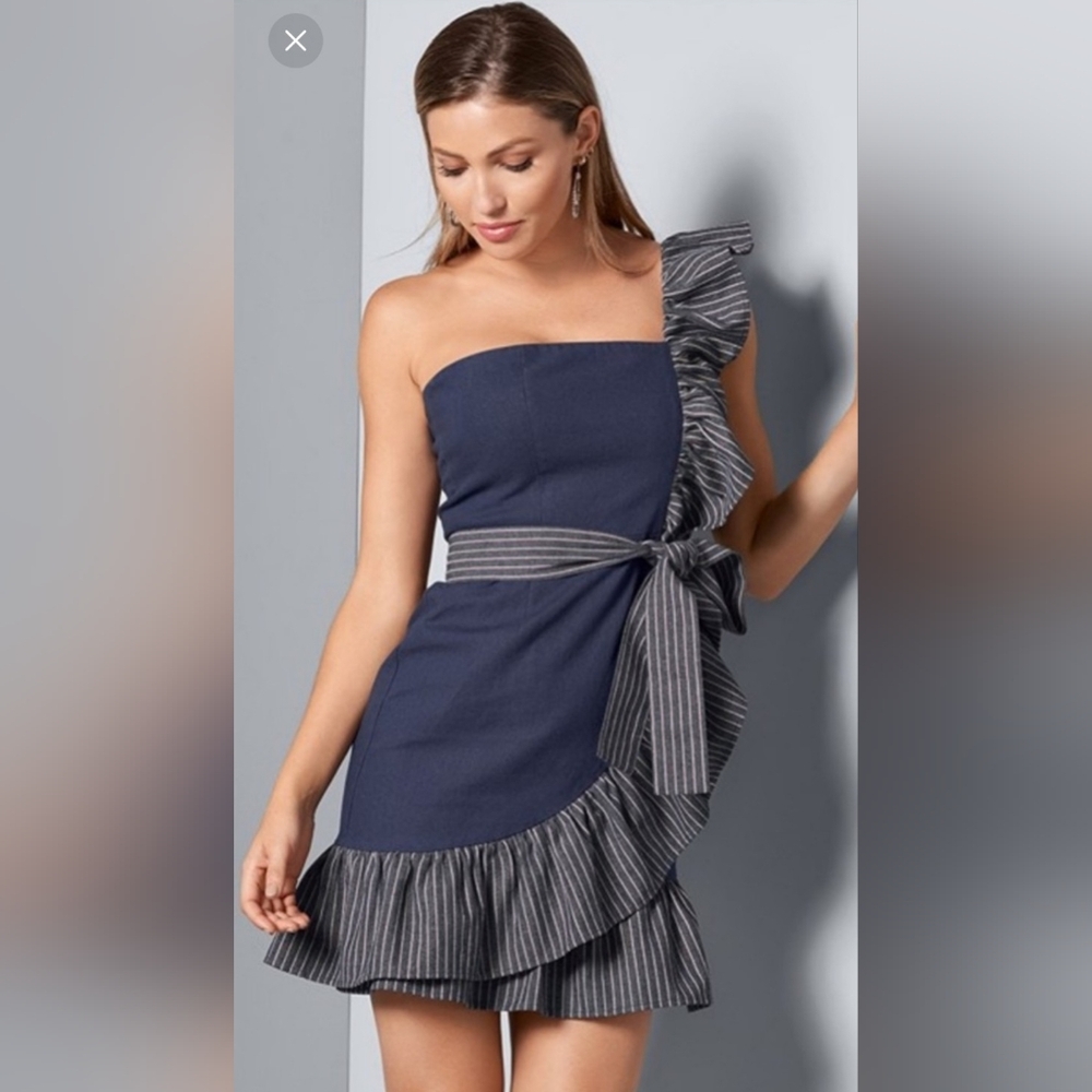 Venus Asymmetrical One Shoulder Ruffle Trim Denim Mini Dress L
